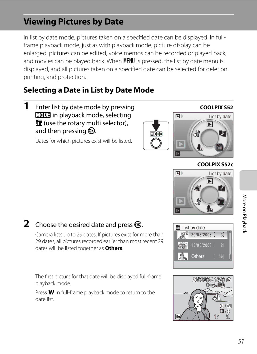 Nikon COOLPIXS52CR Viewing Pictures by Date, Selecting a Date in List by Date Mode, Choose the desired date and press k 