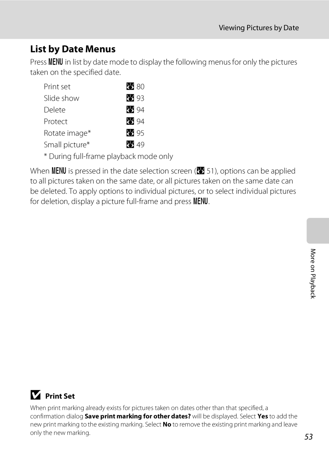 Nikon COOLPIXS52CR, COOLPIXS52MB user manual List by Date Menus, Print Set 