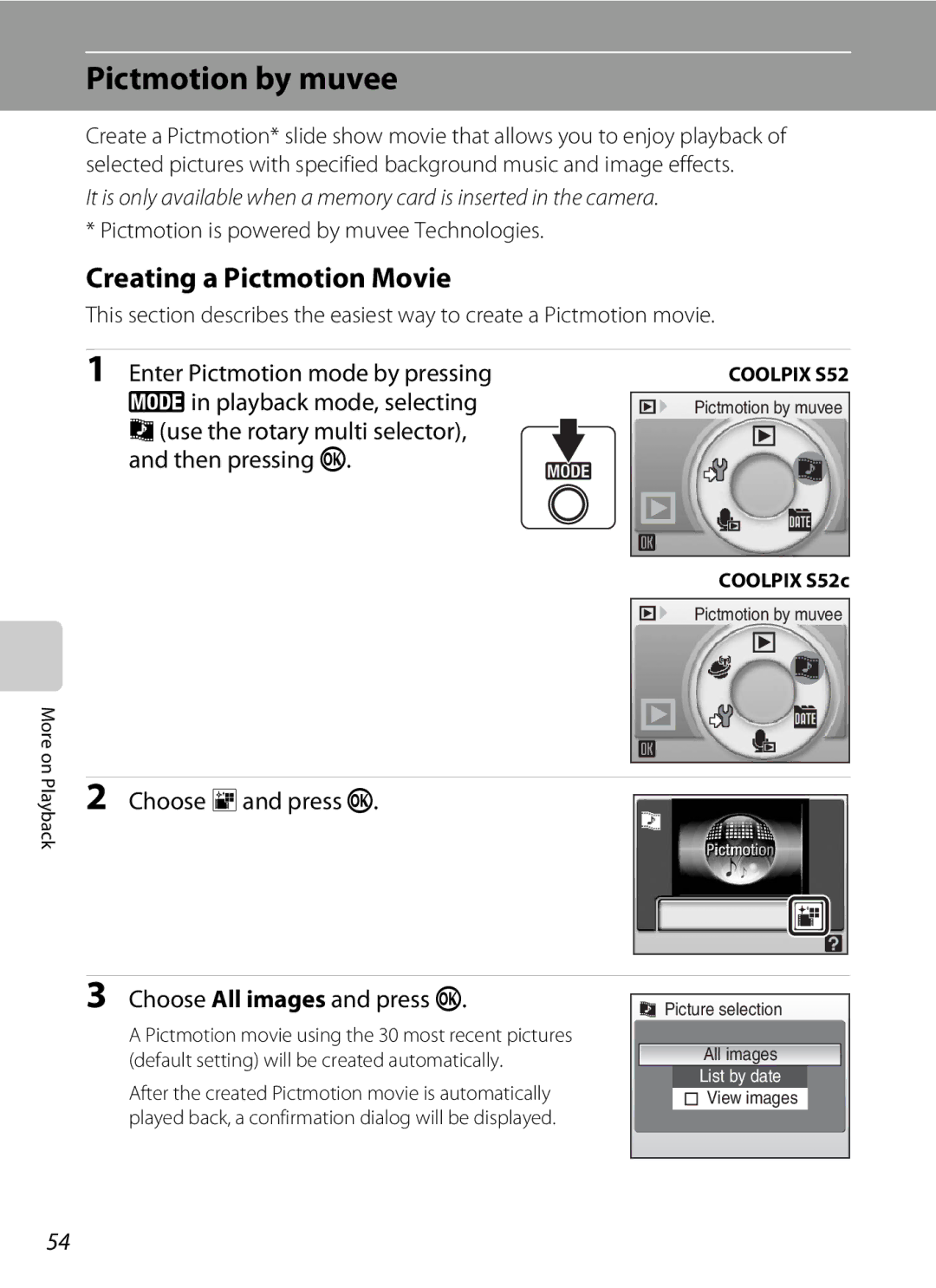 Nikon COOLPIXS52MB, COOLPIXS52CR user manual Pictmotion by muvee, Creating a Pictmotion Movie 