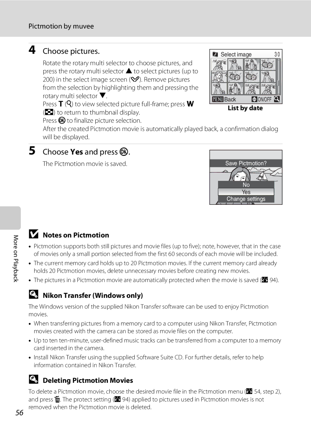 Nikon COOLPIXS52MB, COOLPIXS52CR Choose pictures, Nikon Transfer Windows only, Deleting Pictmotion Movies, List by date 
