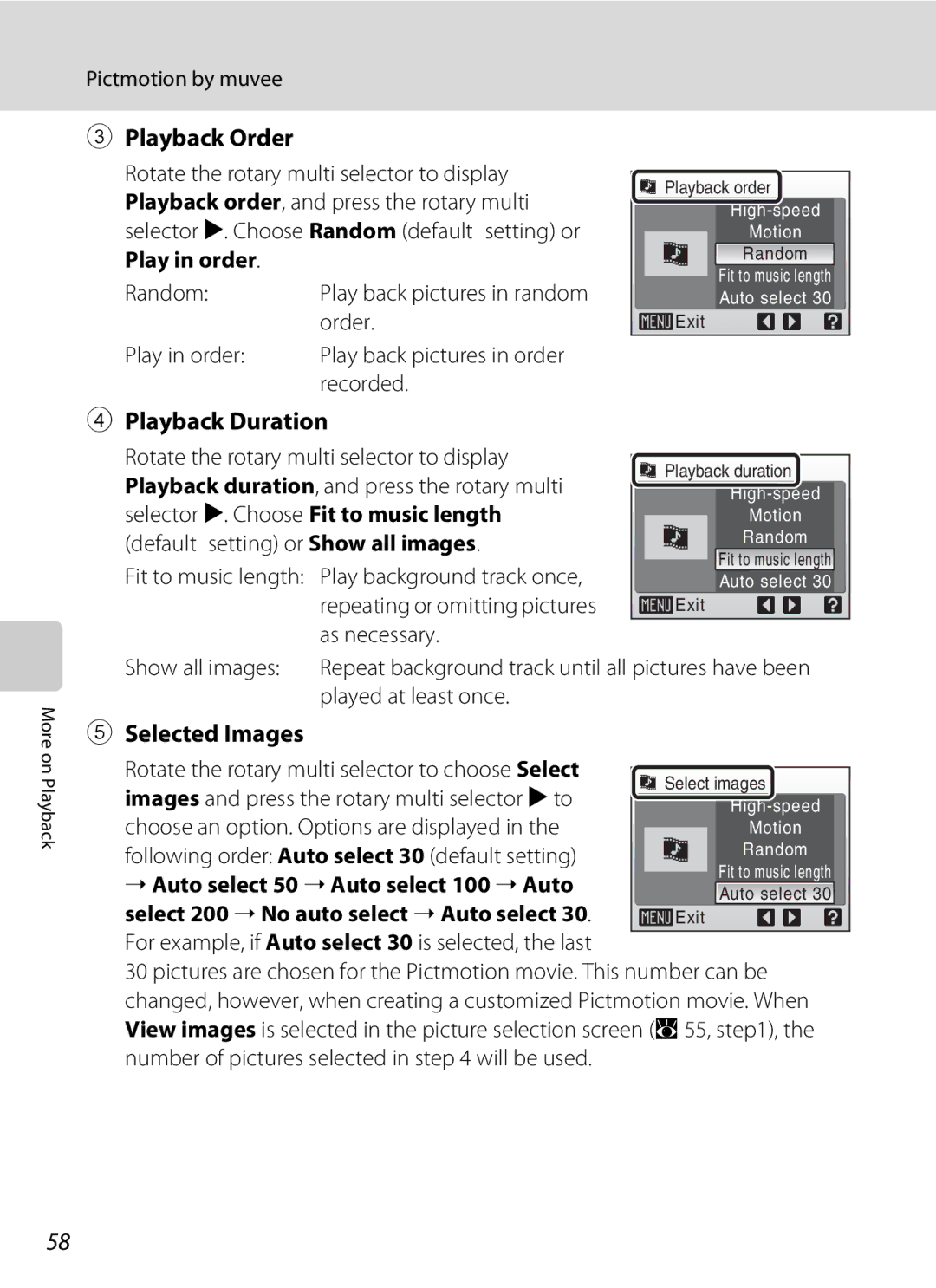 Nikon COOLPIXS52MB, COOLPIXS52CR user manual Playback Order, Playback Duration, Selected Images 