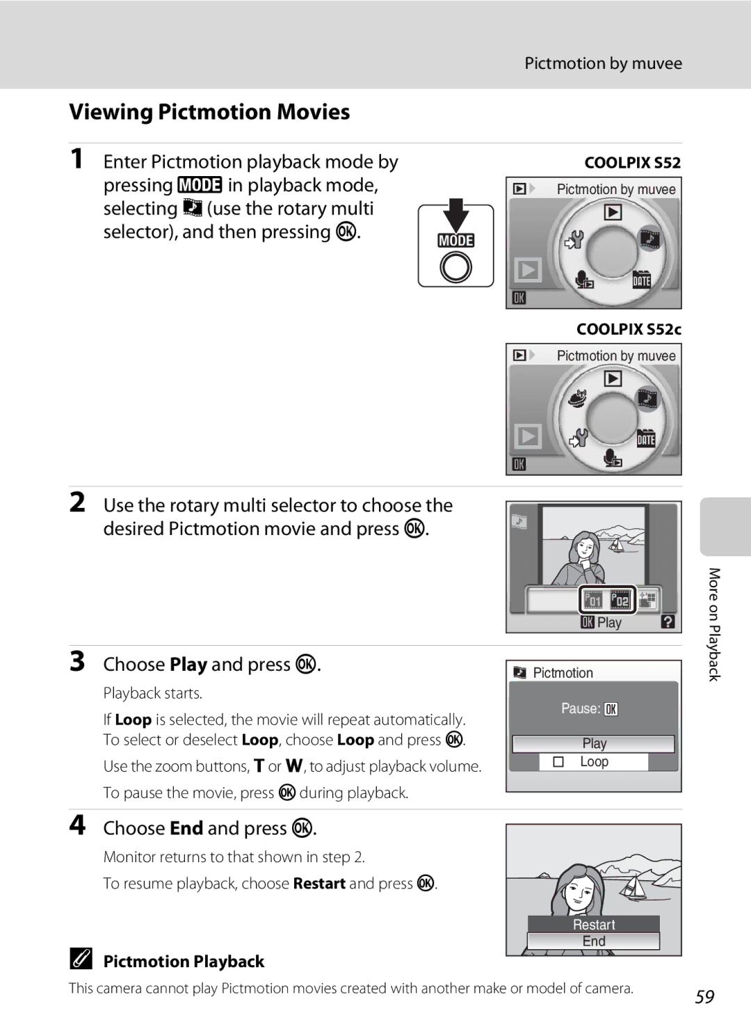 Nikon COOLPIXS52CR Viewing Pictmotion Movies, Choose Play and press k, Choose End and press k, Pictmotion Playback 