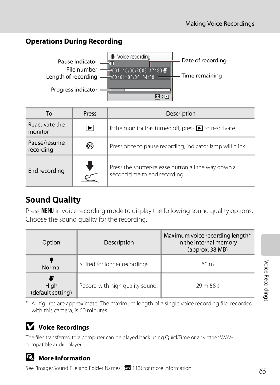 Nikon COOLPIXS52CR, COOLPIXS52MB user manual Sound Quality, Operations During Recording, Making Voice Recordings 