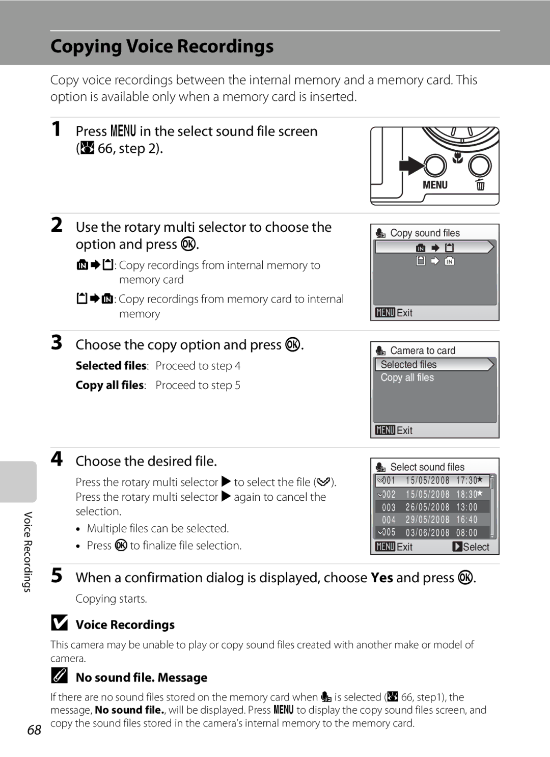 Nikon COOLPIXS52MB Copying Voice Recordings, Press din the select sound file screen A66, step, Option and press k 