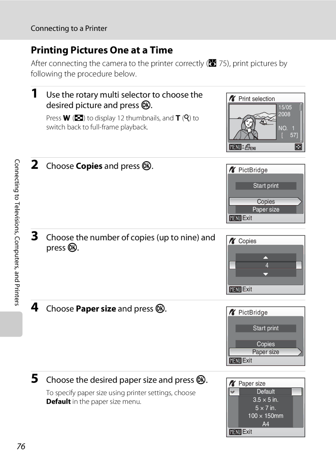 Nikon COOLPIXS52MB, COOLPIXS52CR Printing Pictures One at a Time, Choose Copies and press k, Choose Paper size and press k 