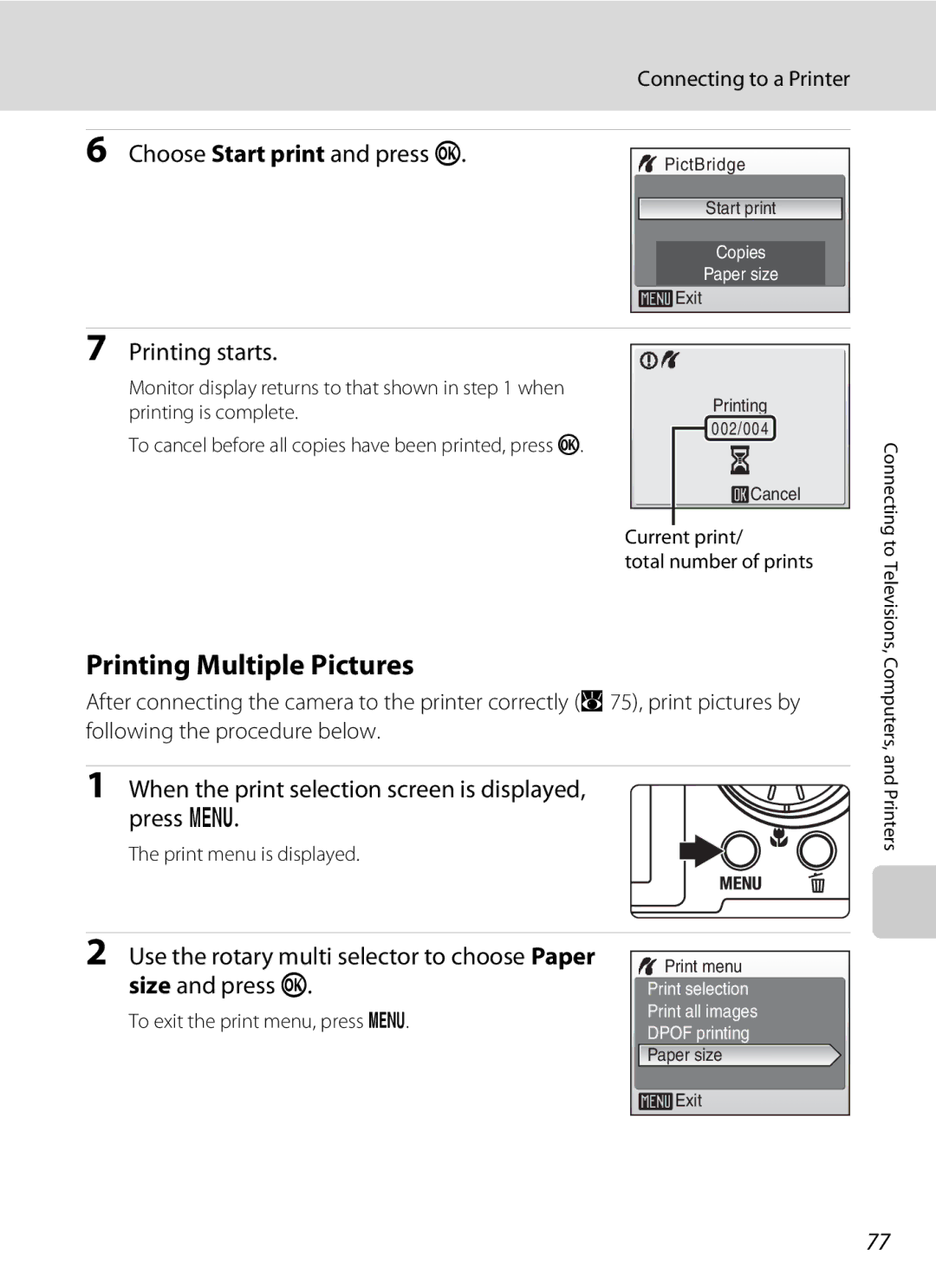 Nikon COOLPIXS52CR, COOLPIXS52MB user manual Printing Multiple Pictures, Choose Start print and press k, Printing starts 