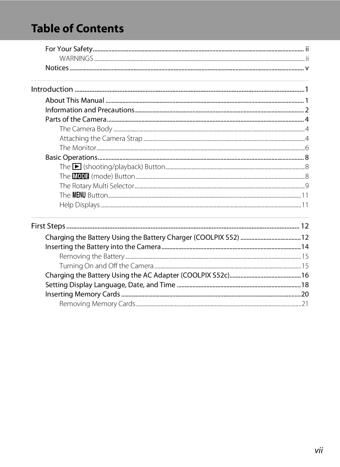 Nikon COOLPIXS52CR, COOLPIXS52MB user manual Table of Contents 