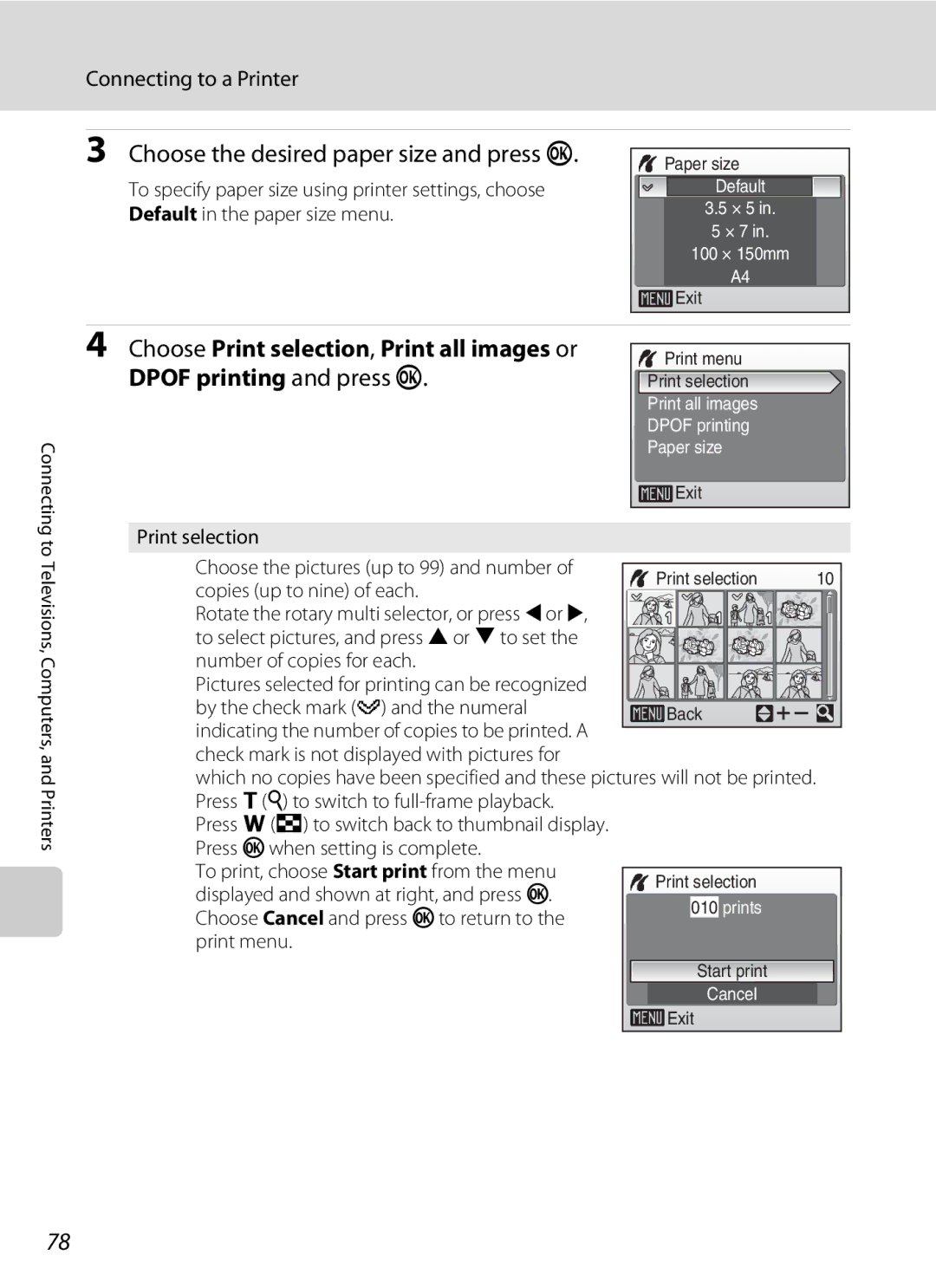 Nikon COOLPIXS52MB Choose Print selection, Print all images or, Dpof printing and press k, Copies up to nine of each 