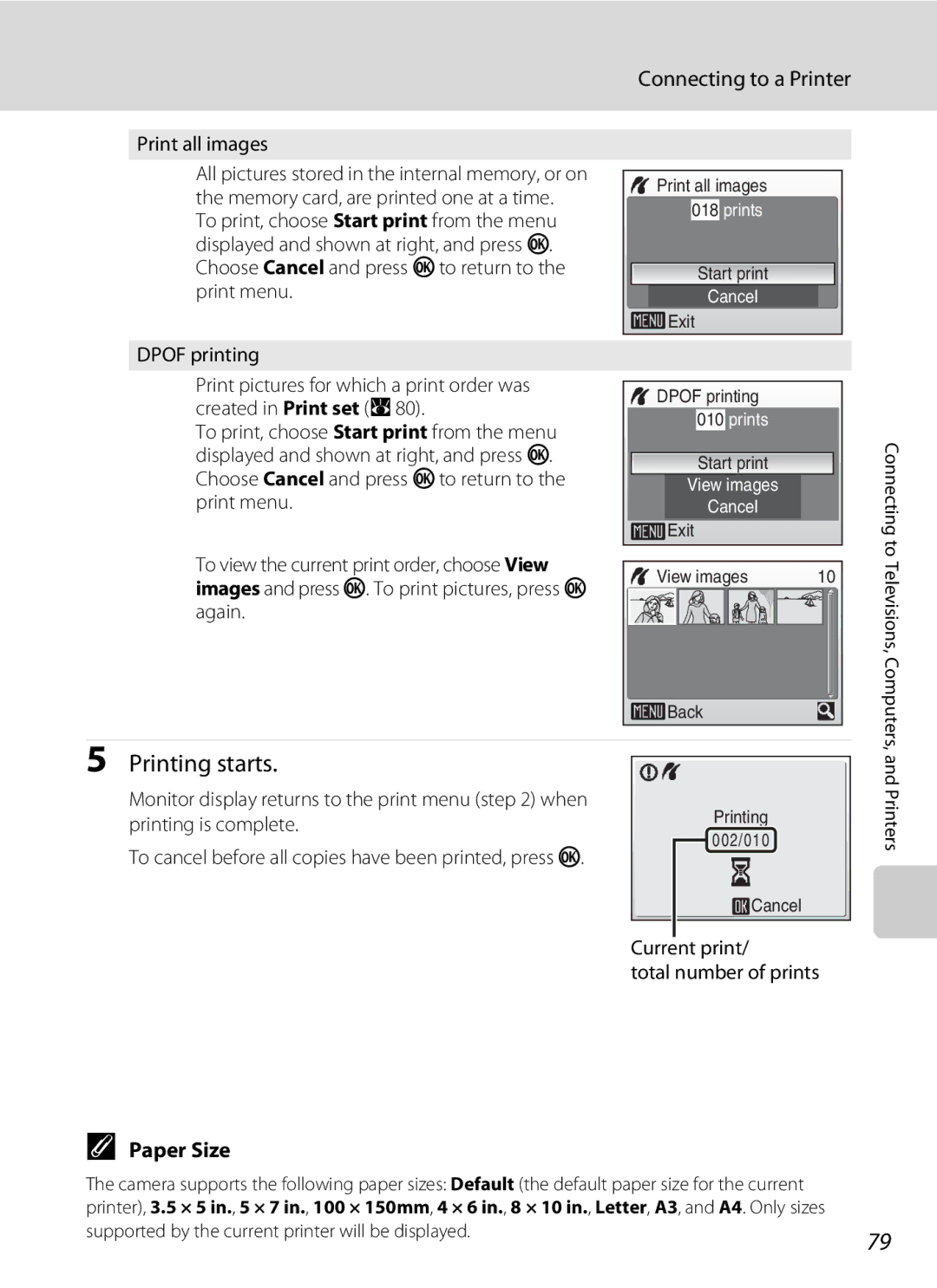 Nikon COOLPIXS52CR, COOLPIXS52MB user manual Paper Size, Print all images, Current print Total number of prints 