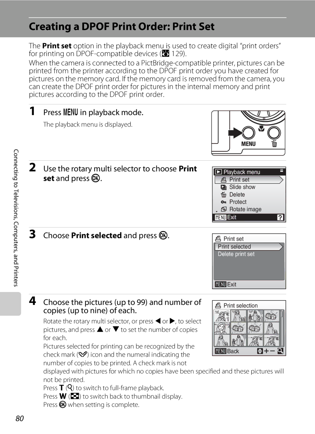 Nikon COOLPIXS52MB Creating a Dpof Print Order Print Set, Press din playback mode, Choose Print selected and press k 