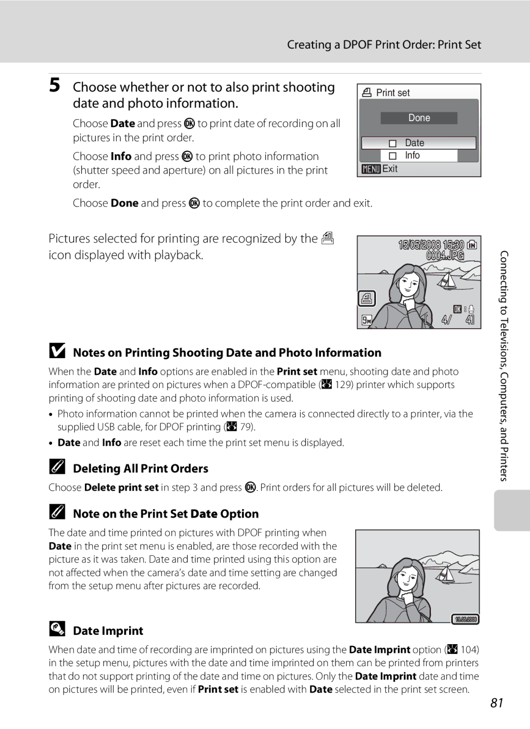 Nikon COOLPIXS52CR, COOLPIXS52MB user manual Creating a Dpof Print Order Print Set, Deleting All Print Orders, Date Imprint 