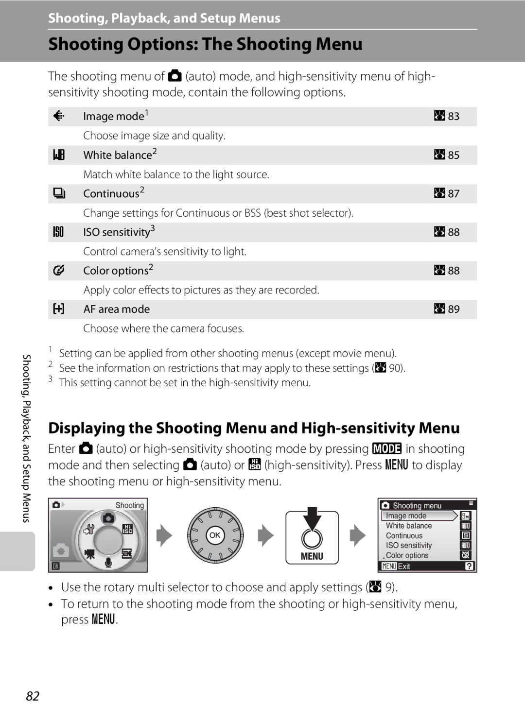 Nikon COOLPIXS52MB user manual Shooting Options The Shooting Menu, Displaying the Shooting Menu and High-sensitivity Menu 