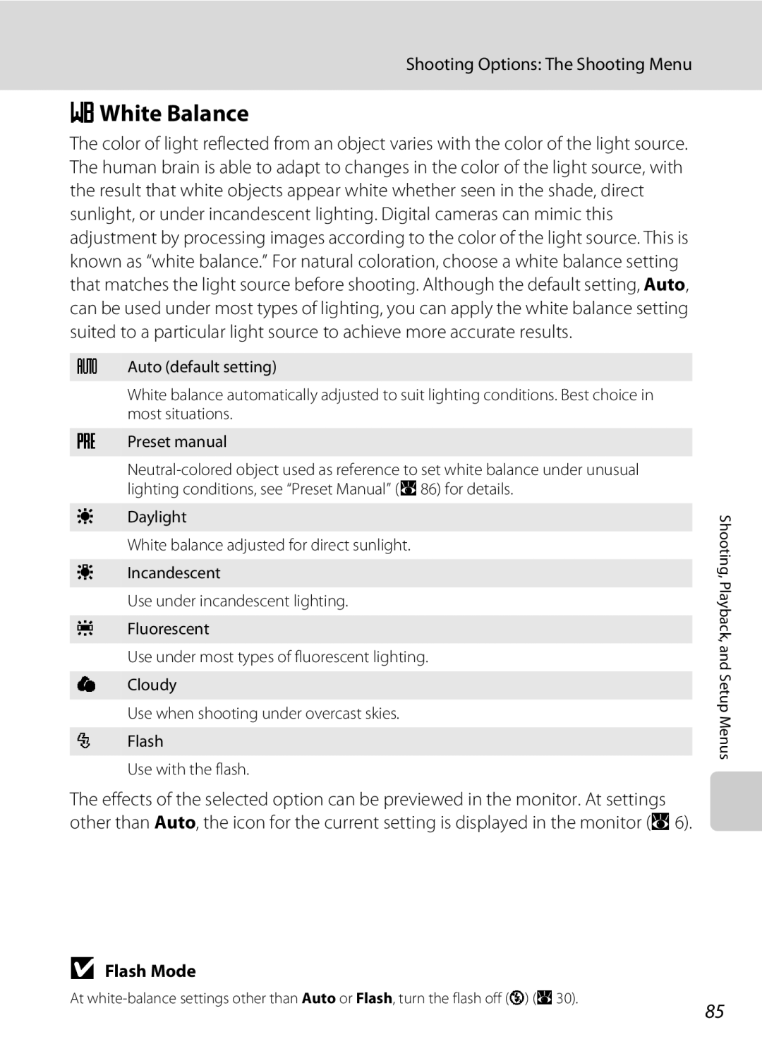 Nikon COOLPIXS52CR, COOLPIXS52MB user manual BWhite Balance, Flash Mode 