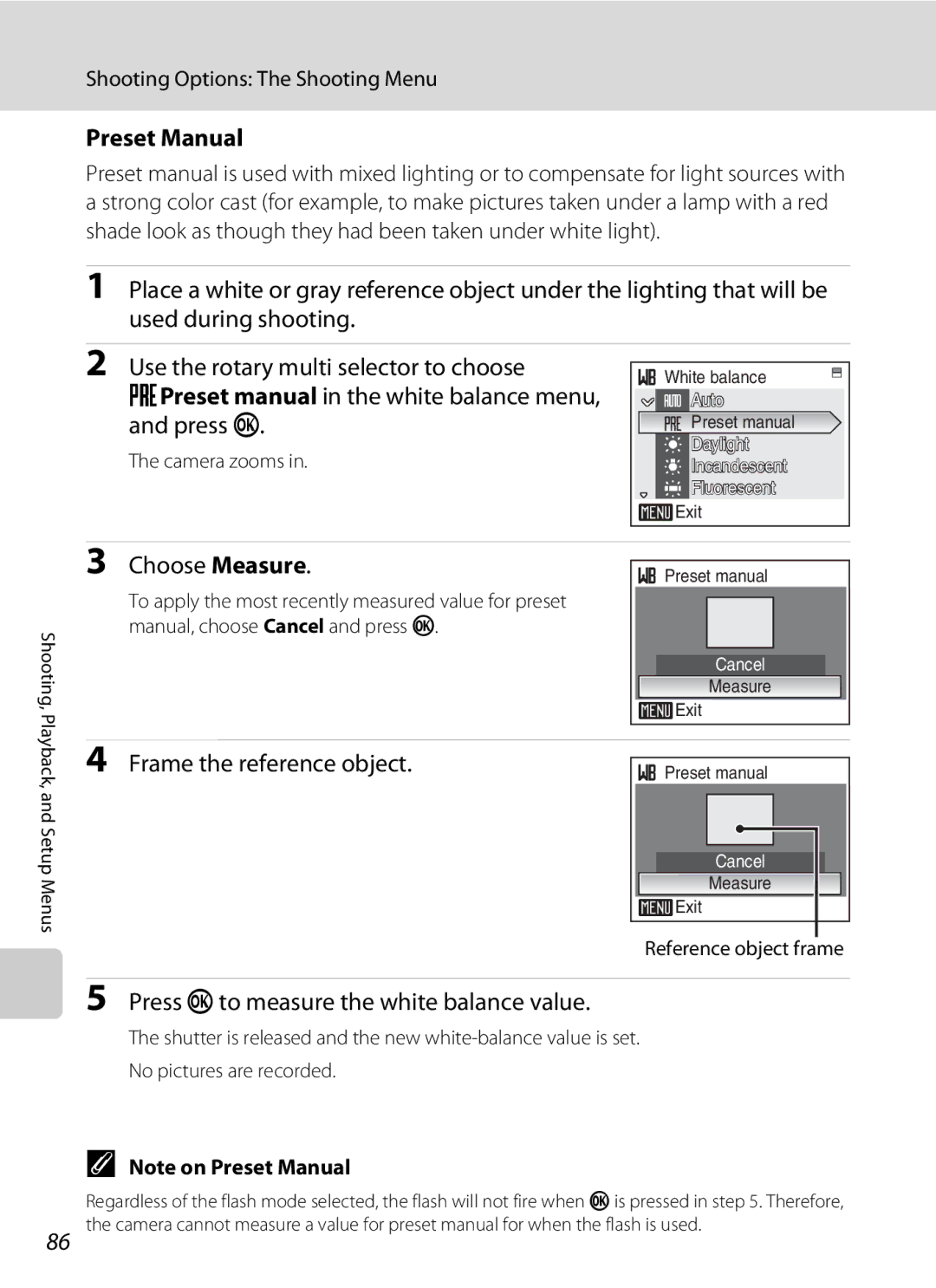 Nikon COOLPIXS52MB Preset Manual, Choose Measure, Frame the reference object, Press kto measure the white balance value 