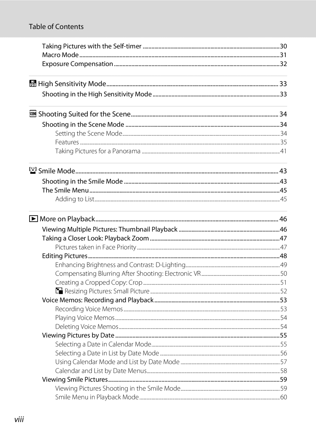 Nikon COOLPIXS550GB, COOLPIXS550P, COOLPIXS550CB user manual Viii, Table of Contents 