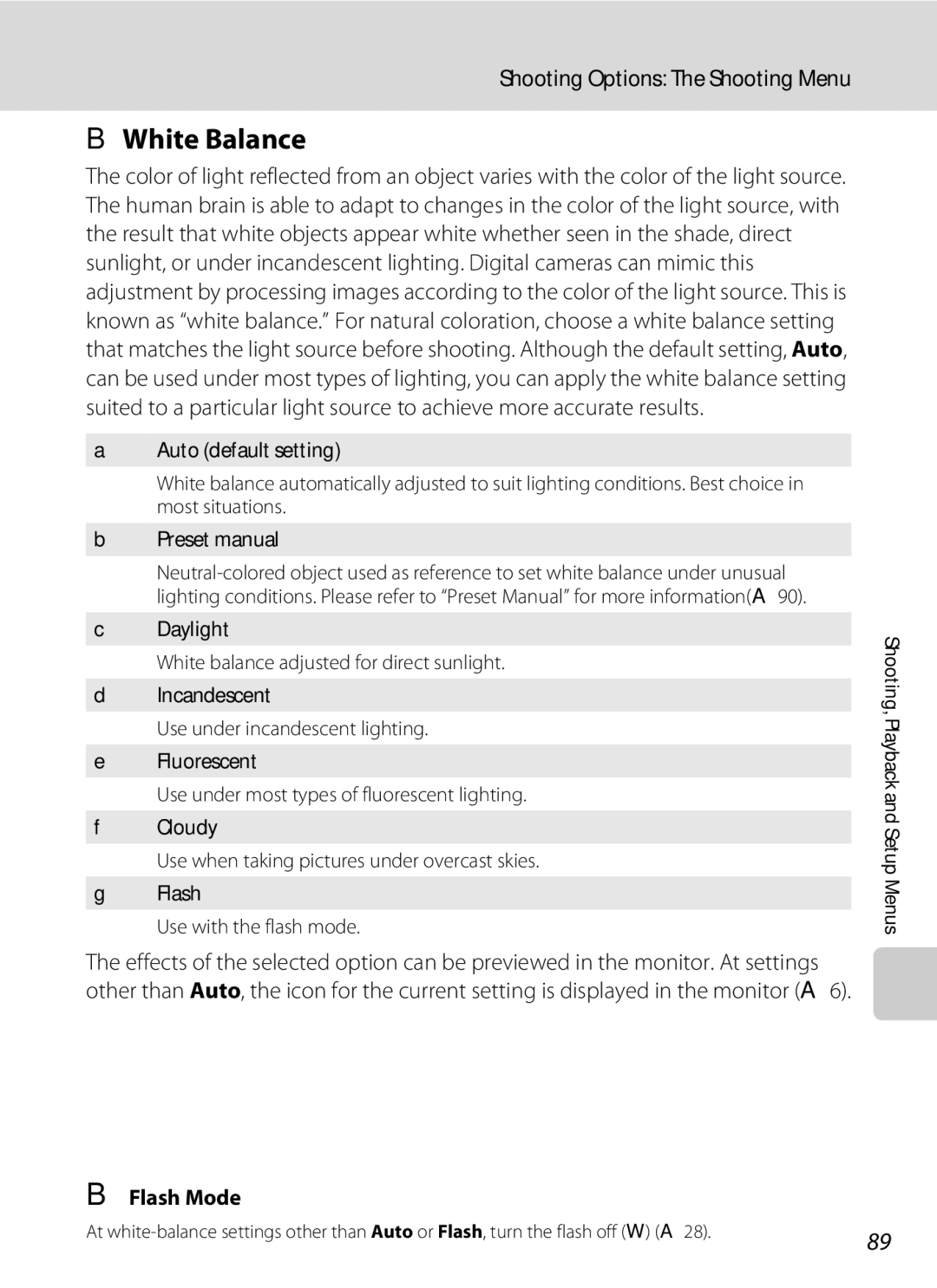 Nikon COOLPIXS550CB, COOLPIXS550P, COOLPIXS550GB user manual BWhite Balance, Flash Mode 