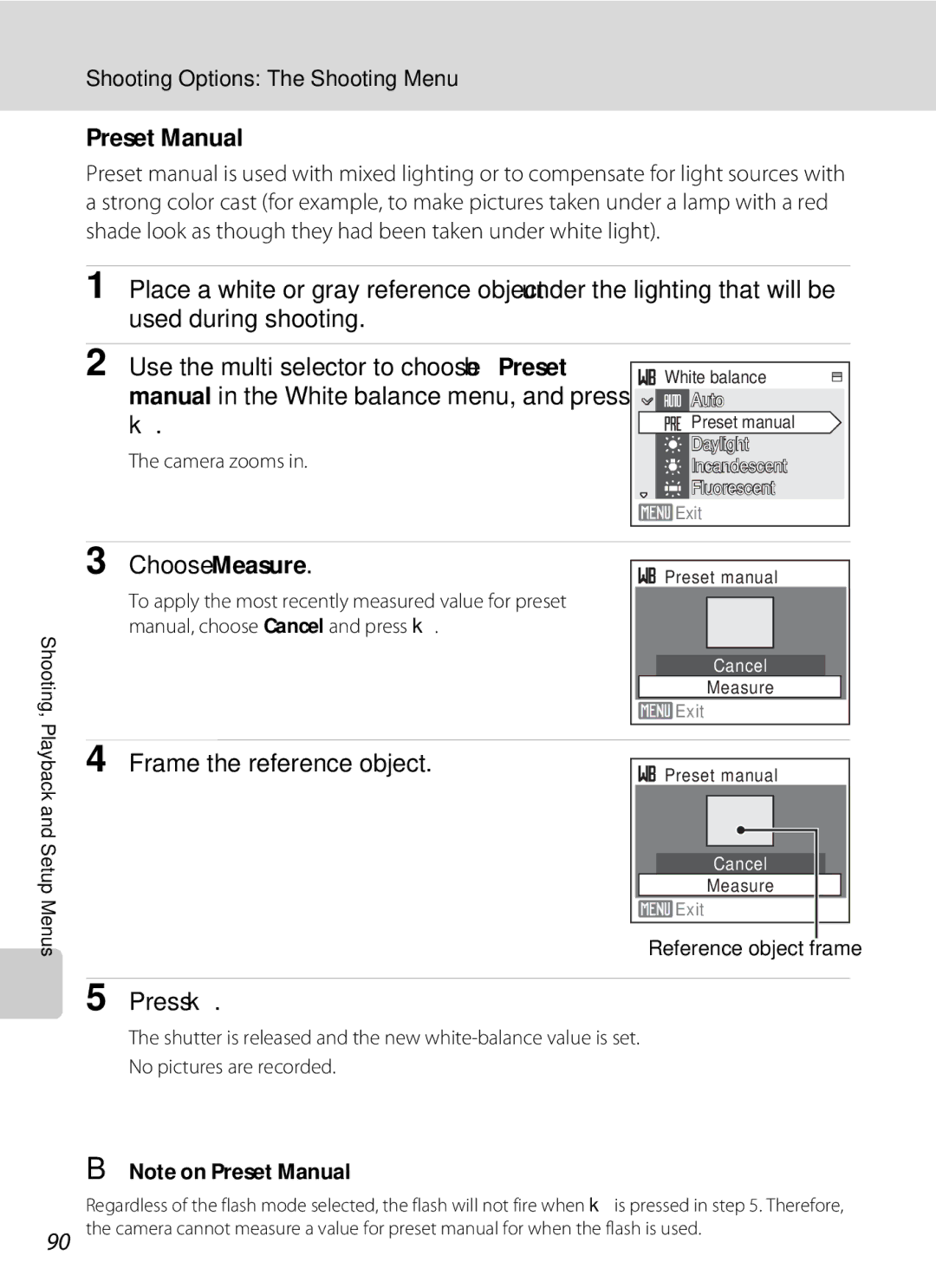 Nikon COOLPIXS550P Preset Manual, Choose Measure, Frame the reference object, Camera zooms, Reference object frame 