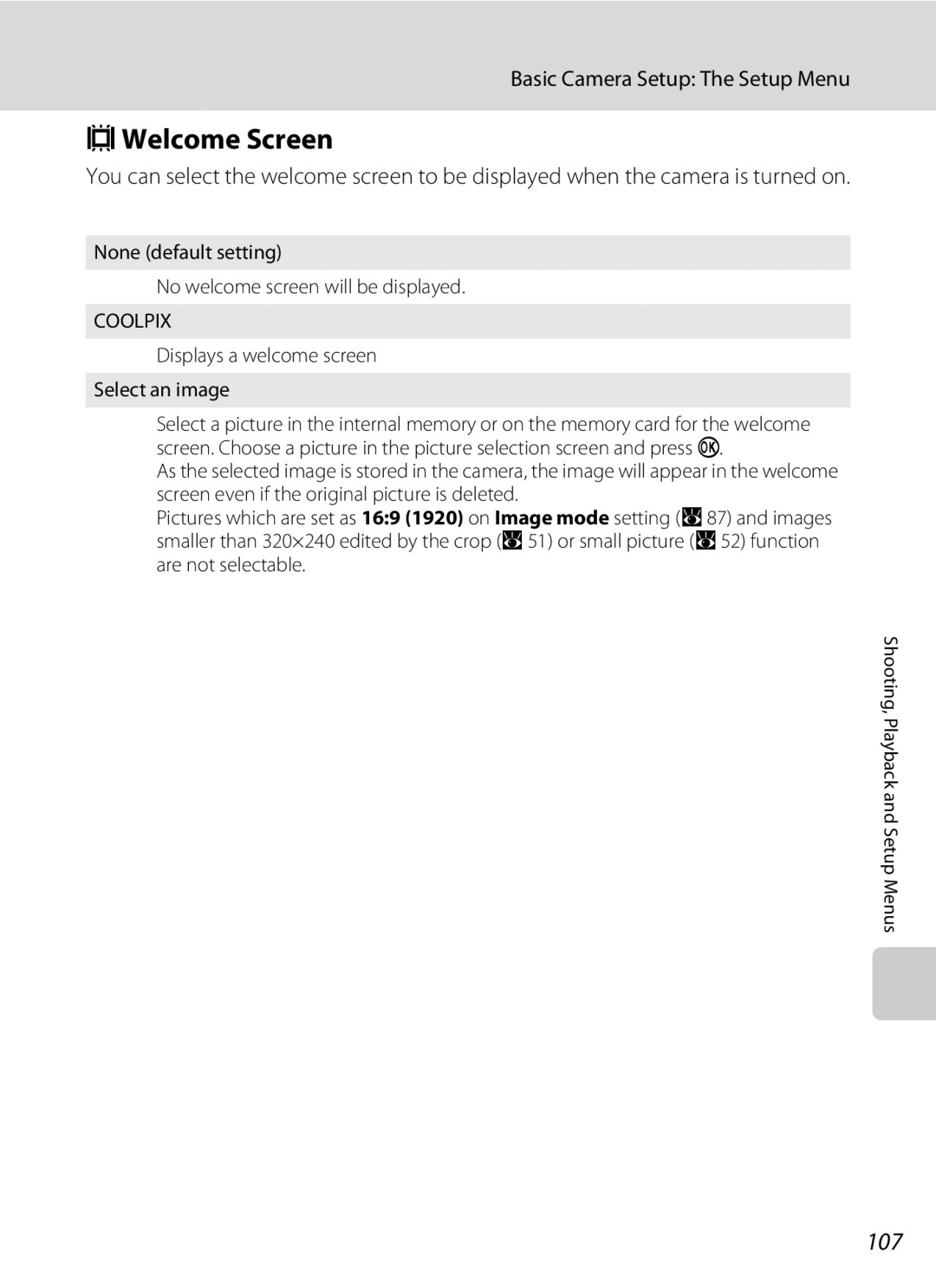 Nikon COOLPIXS550CB, COOLPIXS550P user manual CWelcome Screen, 107, None default setting No welcome screen will be displayed 