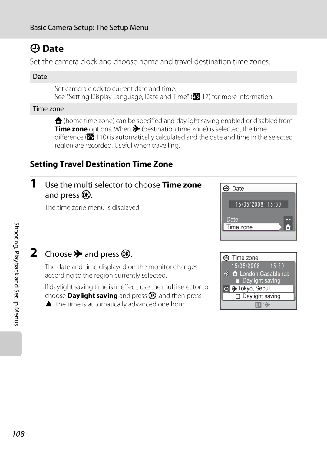 Nikon COOLPIXS550P Date, Setting Travel Destination Time Zone, Use the multi selector to choose Time zone and press k, 108 