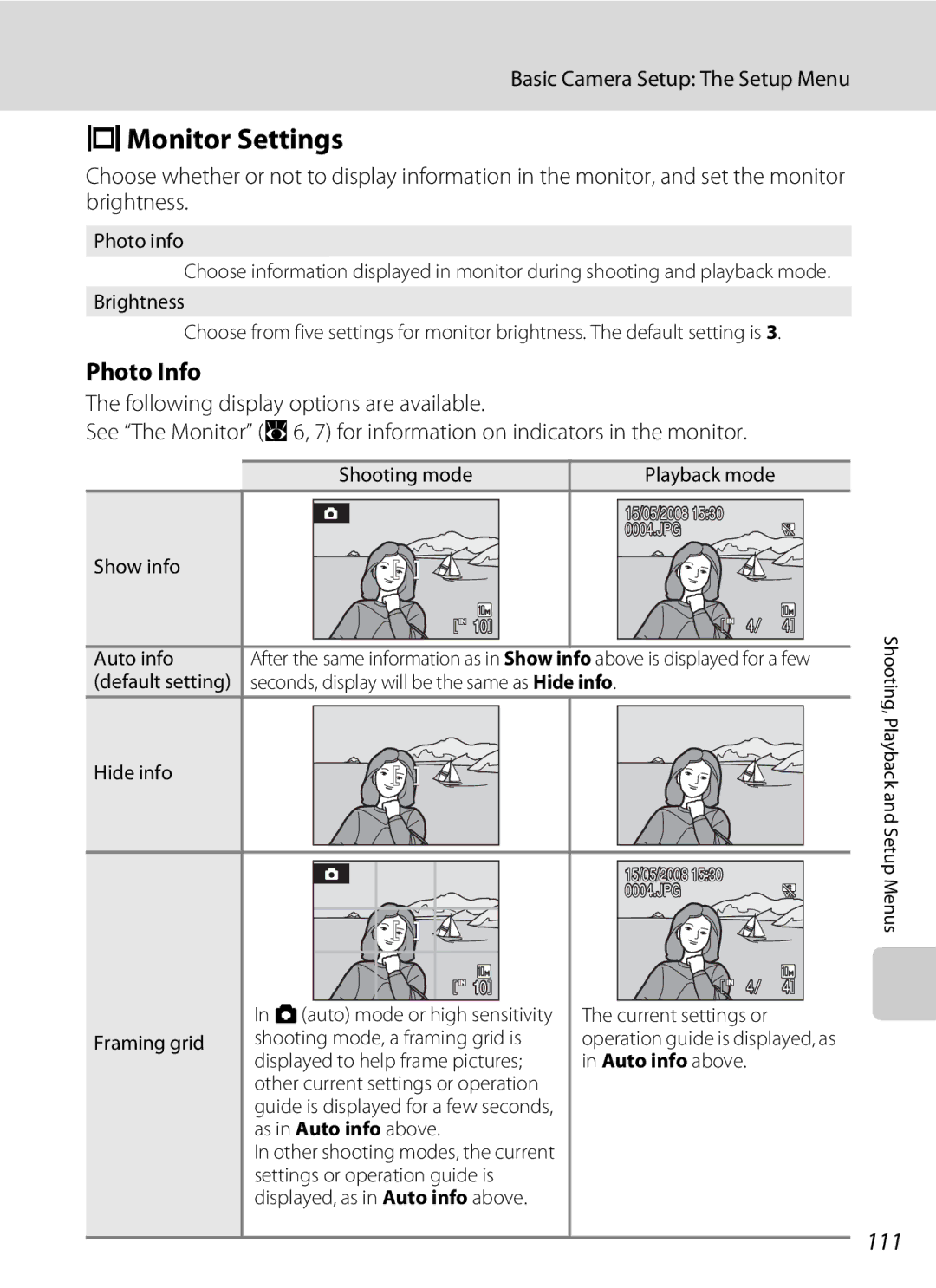 Nikon COOLPIXS550P, COOLPIXS550GB, COOLPIXS550CB user manual EMonitor Settings, Photo Info, 111, Auto info above 