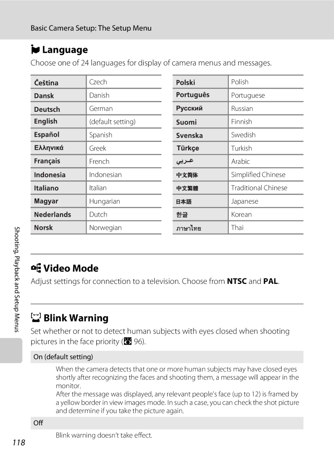 Nikon COOLPIXS550GB, COOLPIXS550P, COOLPIXS550CB user manual Language, OVideo Mode, DBlink Warning, 118 