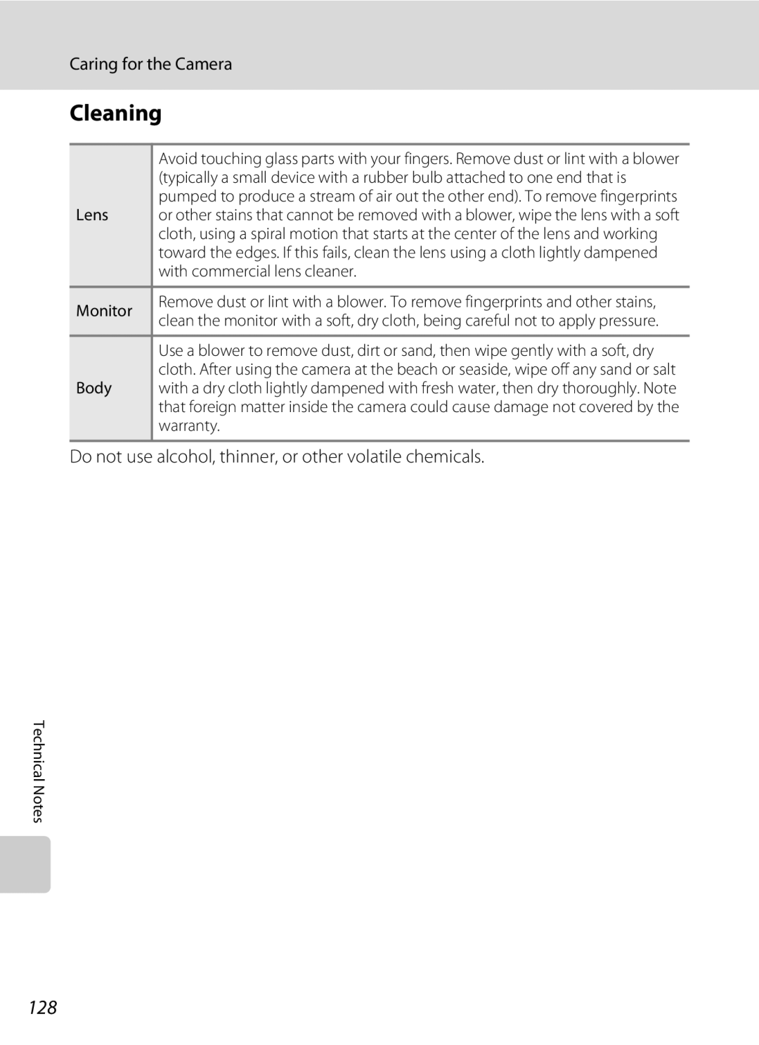 Nikon COOLPIXS550CB, COOLPIXS550P, COOLPIXS550GB Cleaning, 128, Do not use alcohol, thinner, or other volatile chemicals 
