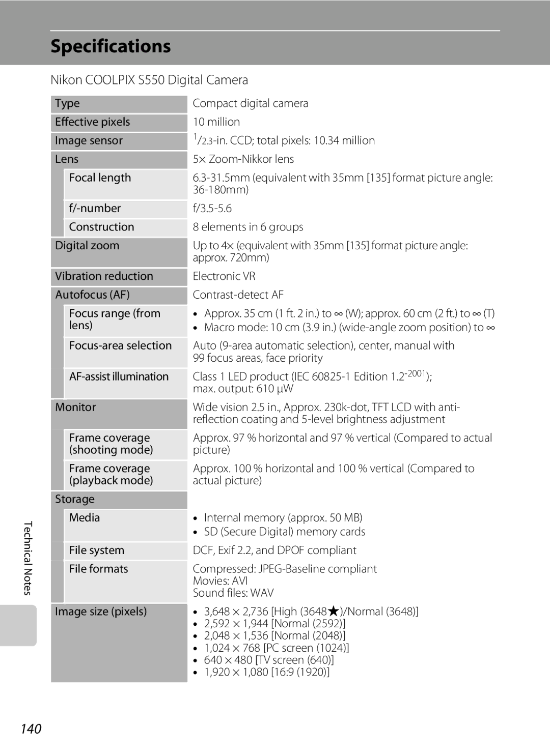 Nikon COOLPIXS550CB, COOLPIXS550P, COOLPIXS550GB user manual Specifications, 140, Nikon Coolpix S550 Digital Camera 