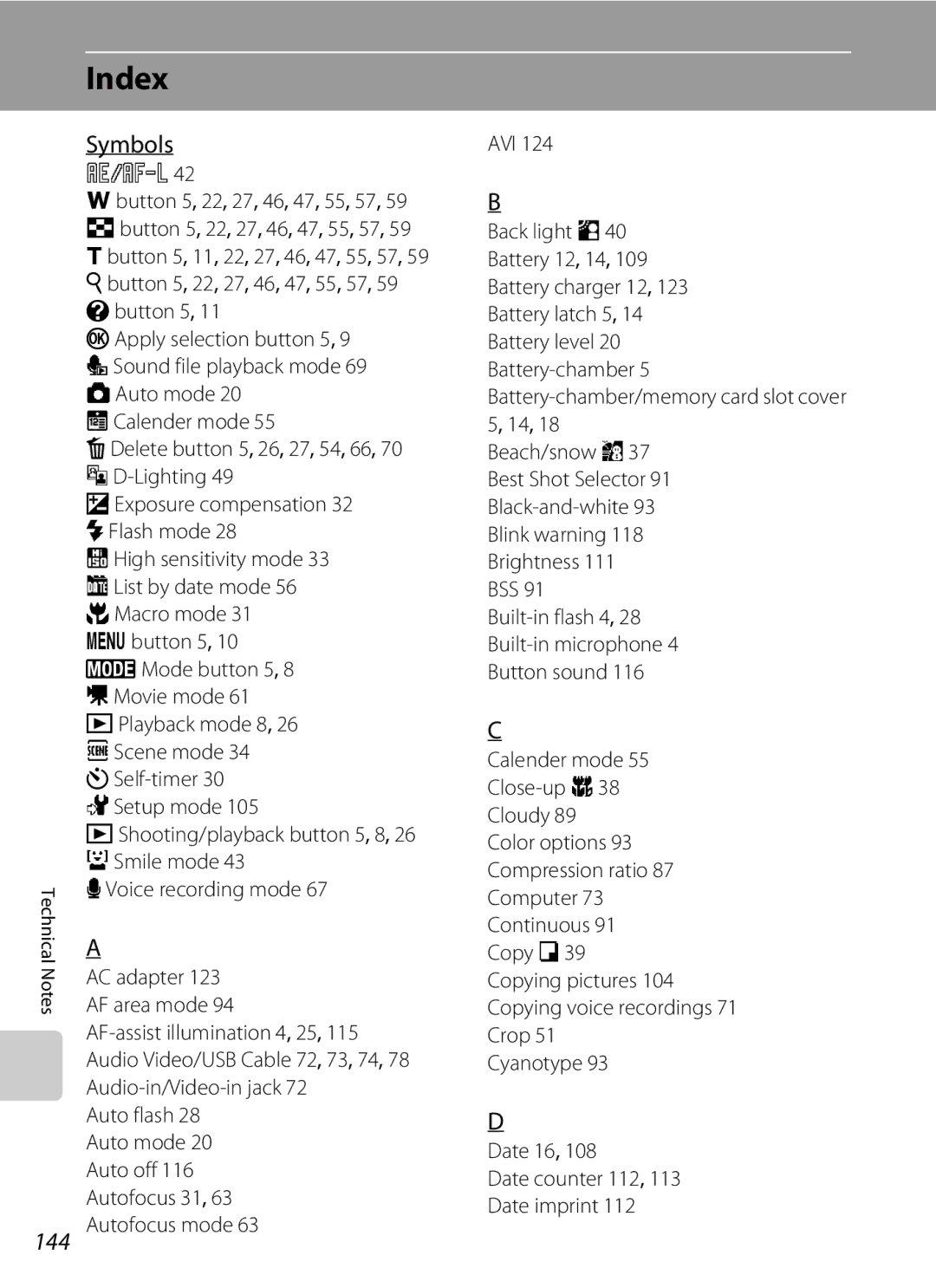 Nikon COOLPIXS550P, COOLPIXS550GB, COOLPIXS550CB user manual Index, Symbols, 144 