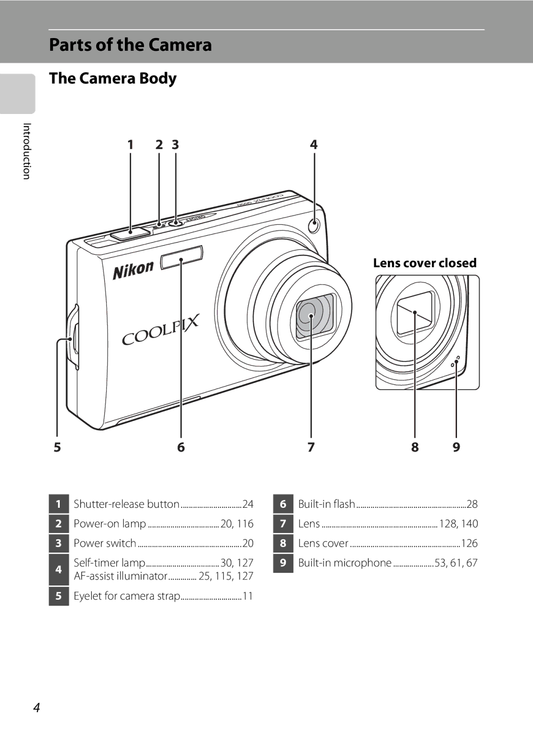 Nikon COOLPIXS550GB, COOLPIXS550P, COOLPIXS550CB Parts of the Camera, Camera Body, Lens cover closed, 25, 115, 126 