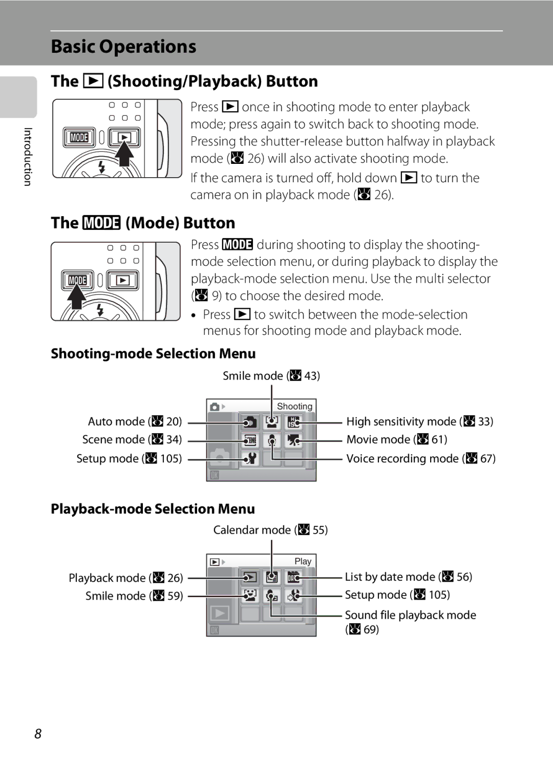 Nikon COOLPIXS550CB, COOLPIXS550P Basic Operations, CShooting/Playback Button, EMode Button, Shooting-mode Selection Menu 