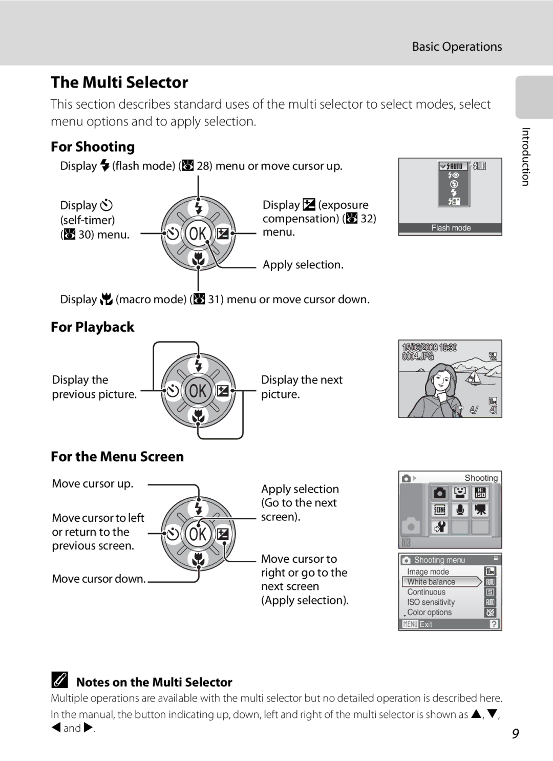 Nikon COOLPIXS550P, COOLPIXS550GB Multi Selector, For Shooting, For Playback, Basic Operations, For the Menu Screen 