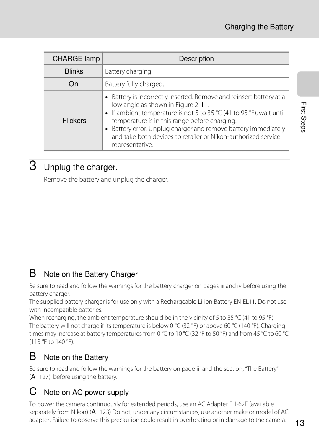 Nikon COOLPIXS550GB, COOLPIXS550P, COOLPIXS550CB user manual Unplug the charger, Charging the Battery 