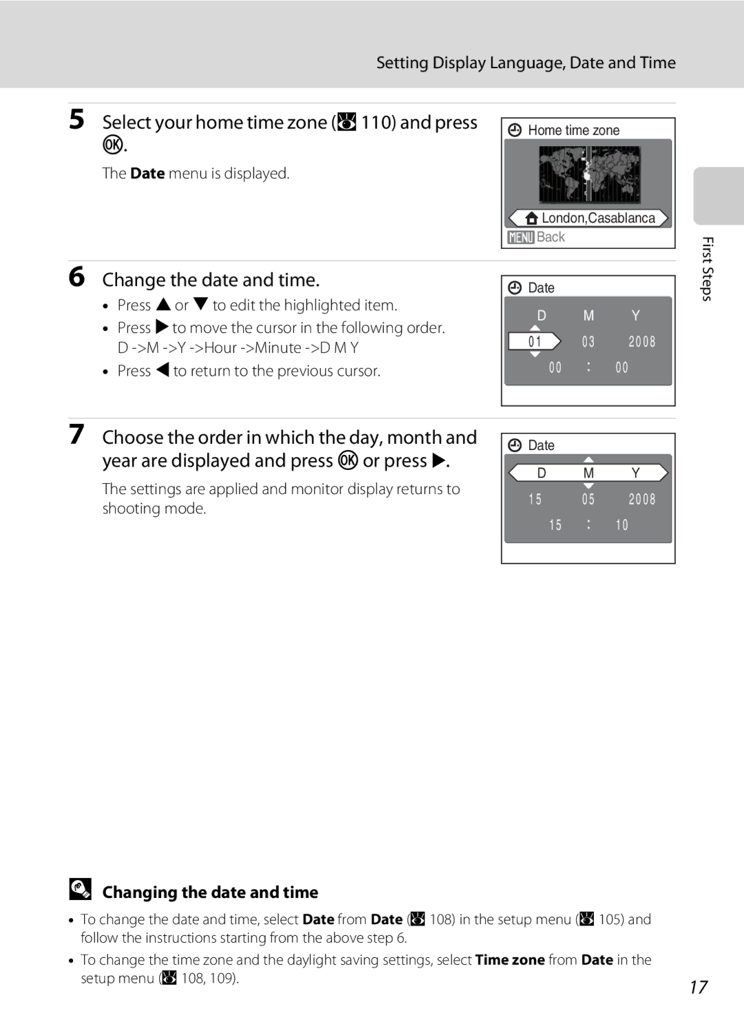 Nikon COOLPIXS550CB Select your home time zone A110 and press k, Change the date and time, Changing the date and time 