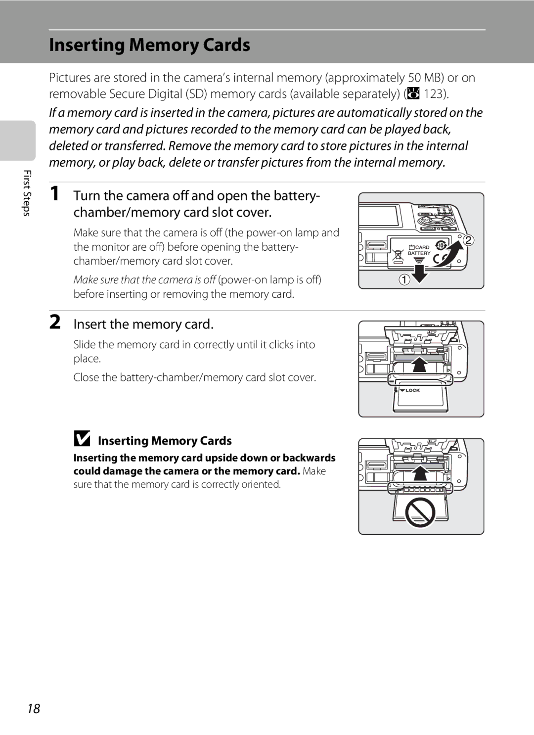 Nikon COOLPIXS550P, COOLPIXS550GB, COOLPIXS550CB user manual Inserting Memory Cards, Insert the memory card 