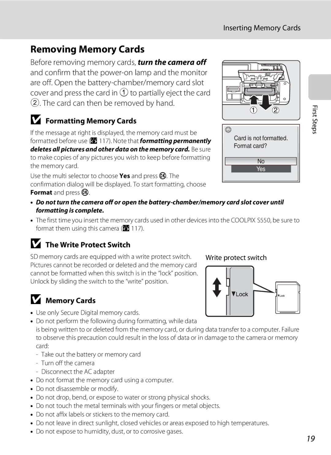 Nikon COOLPIXS550GB Removing Memory Cards, Inserting Memory Cards, Formatting Memory Cards, Write Protect Switch 