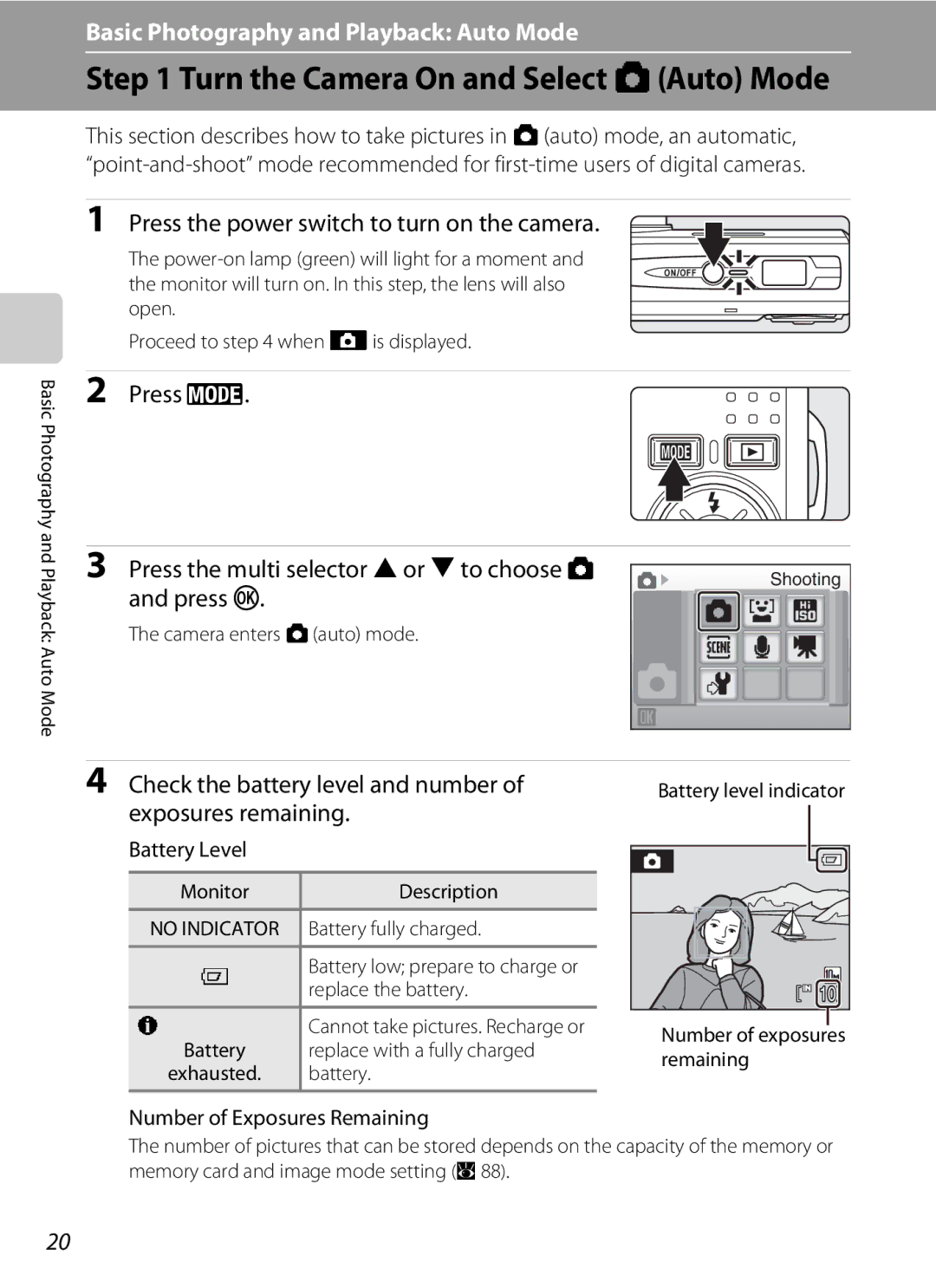 Nikon COOLPIXS550CB user manual Turn the Camera On and Select AAuto Mode, Press e Press the multi selector Hor Ito choose a 