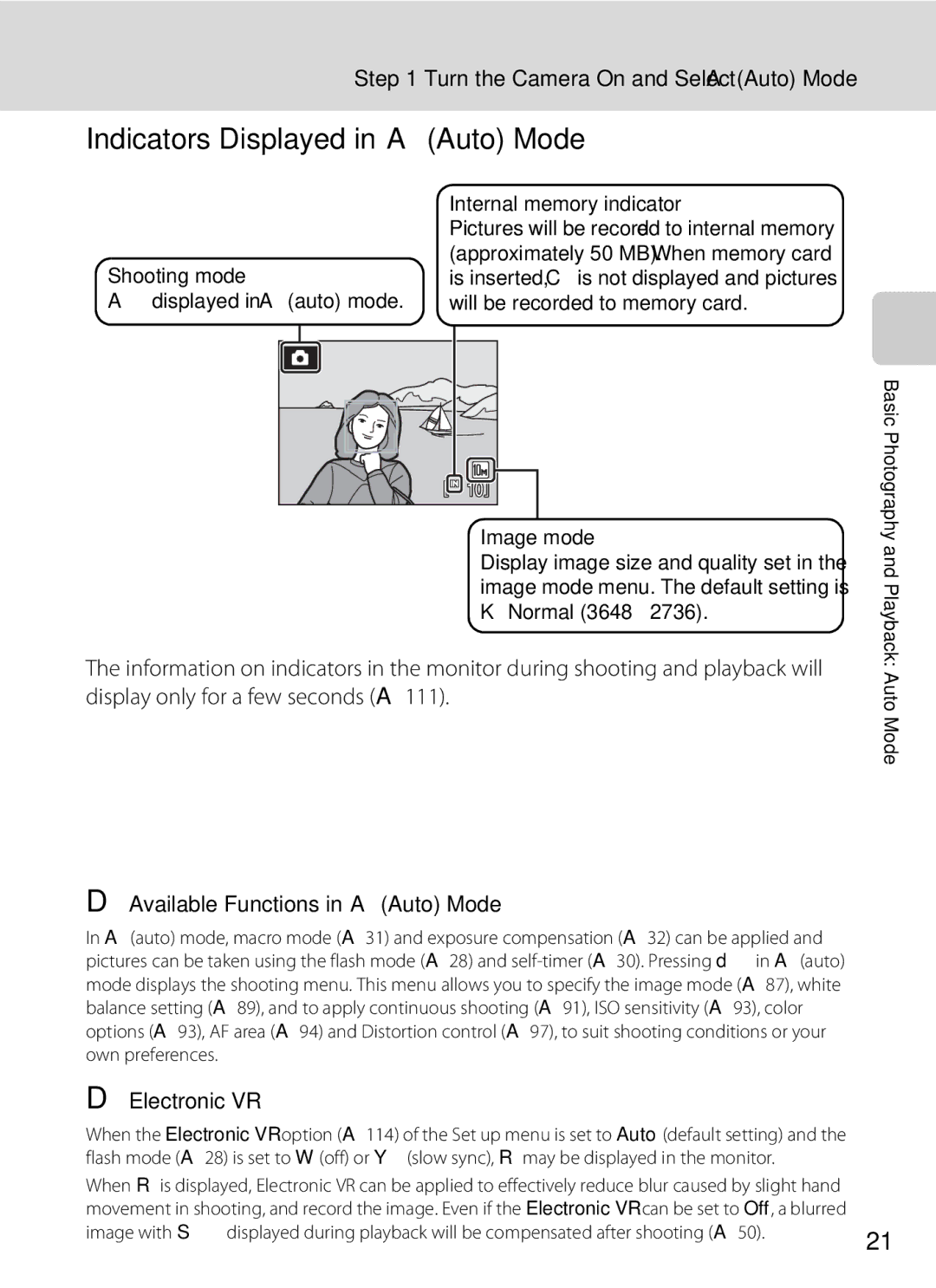 Nikon COOLPIXS550P user manual Indicators Displayed in AAuto Mode, Turn the Camera On and Select AAuto Mode, Electronic VR 