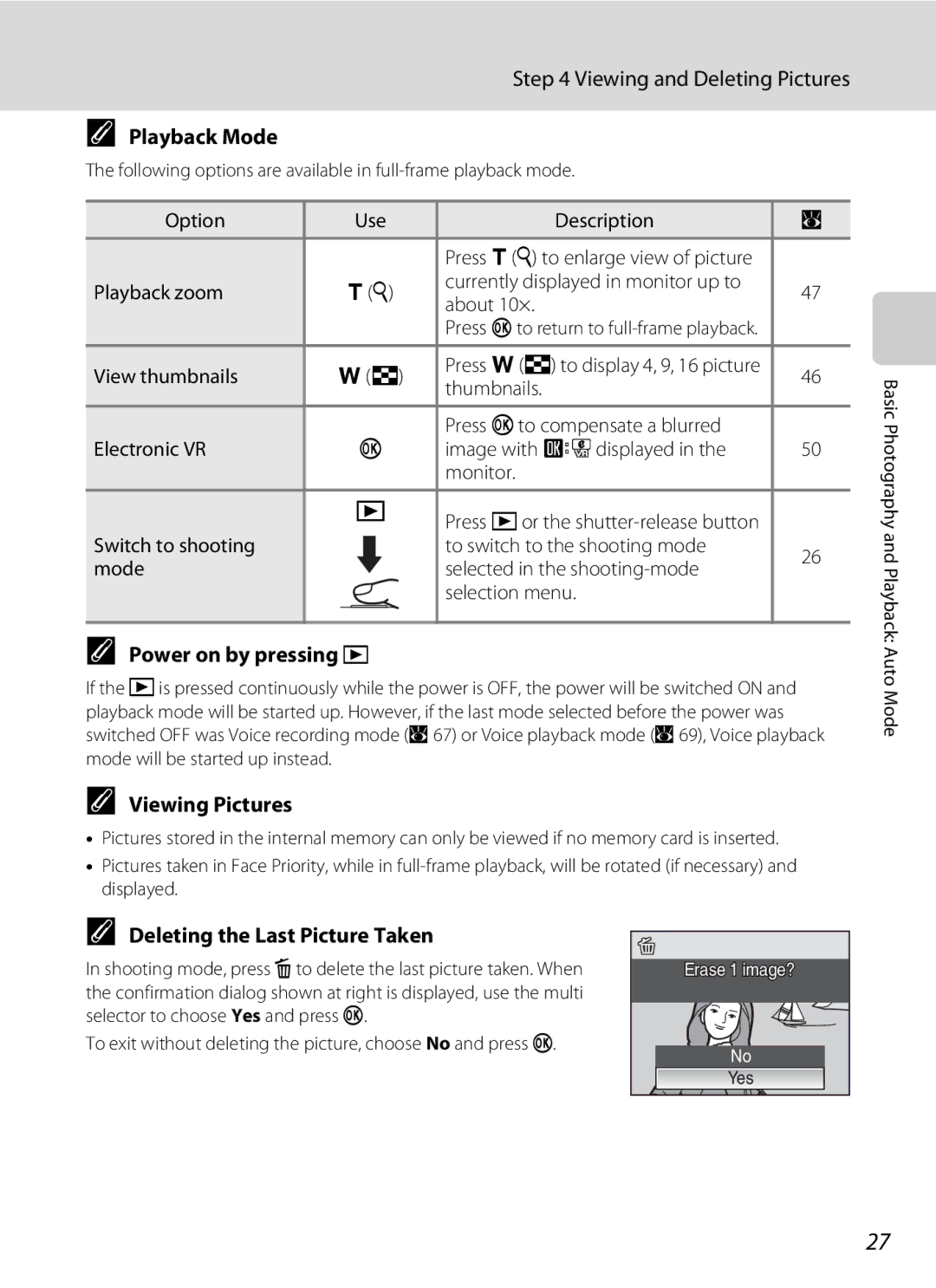 Nikon COOLPIXS550P, COOLPIXS550GB Viewing and Deleting Pictures, Playback Mode, Power on by pressing c, Viewing Pictures 