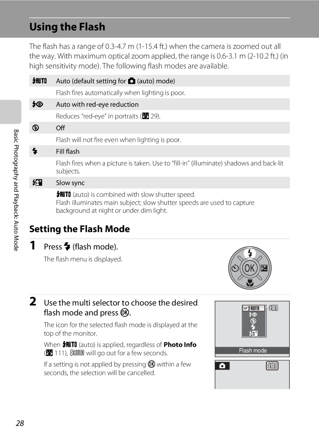 Nikon COOLPIXS550GB, COOLPIXS550P Using the Flash, Setting the Flash Mode, Press mflash mode, Flash menu is displayed 