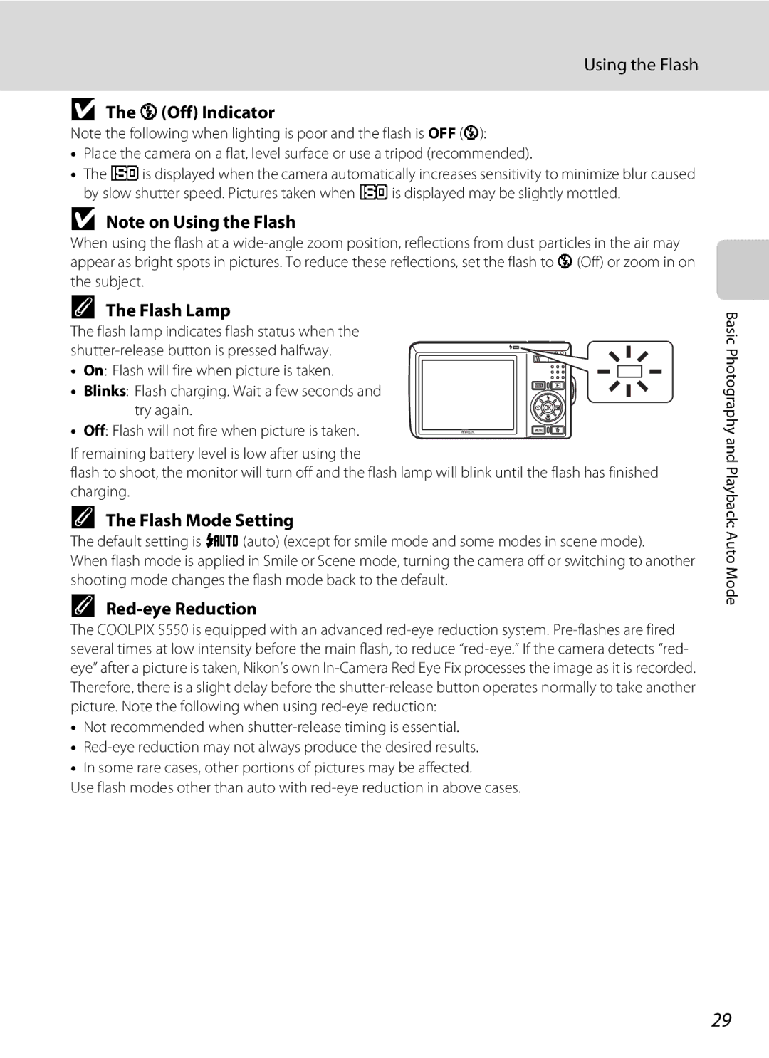 Nikon COOLPIXS550CB, COOLPIXS550P Using the Flash, WOff Indicator, Flash Lamp, Flash Mode Setting, Red-eye Reduction 