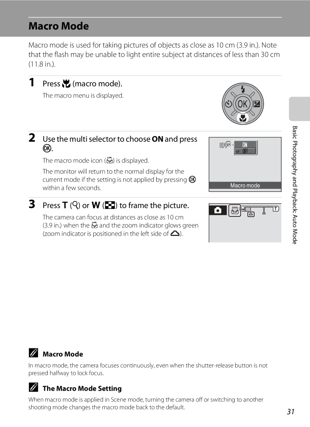 Nikon COOLPIXS550GB, COOLPIXS550P user manual Macro Mode, Press pmacro mode, Use the multi selector to choose on and press 