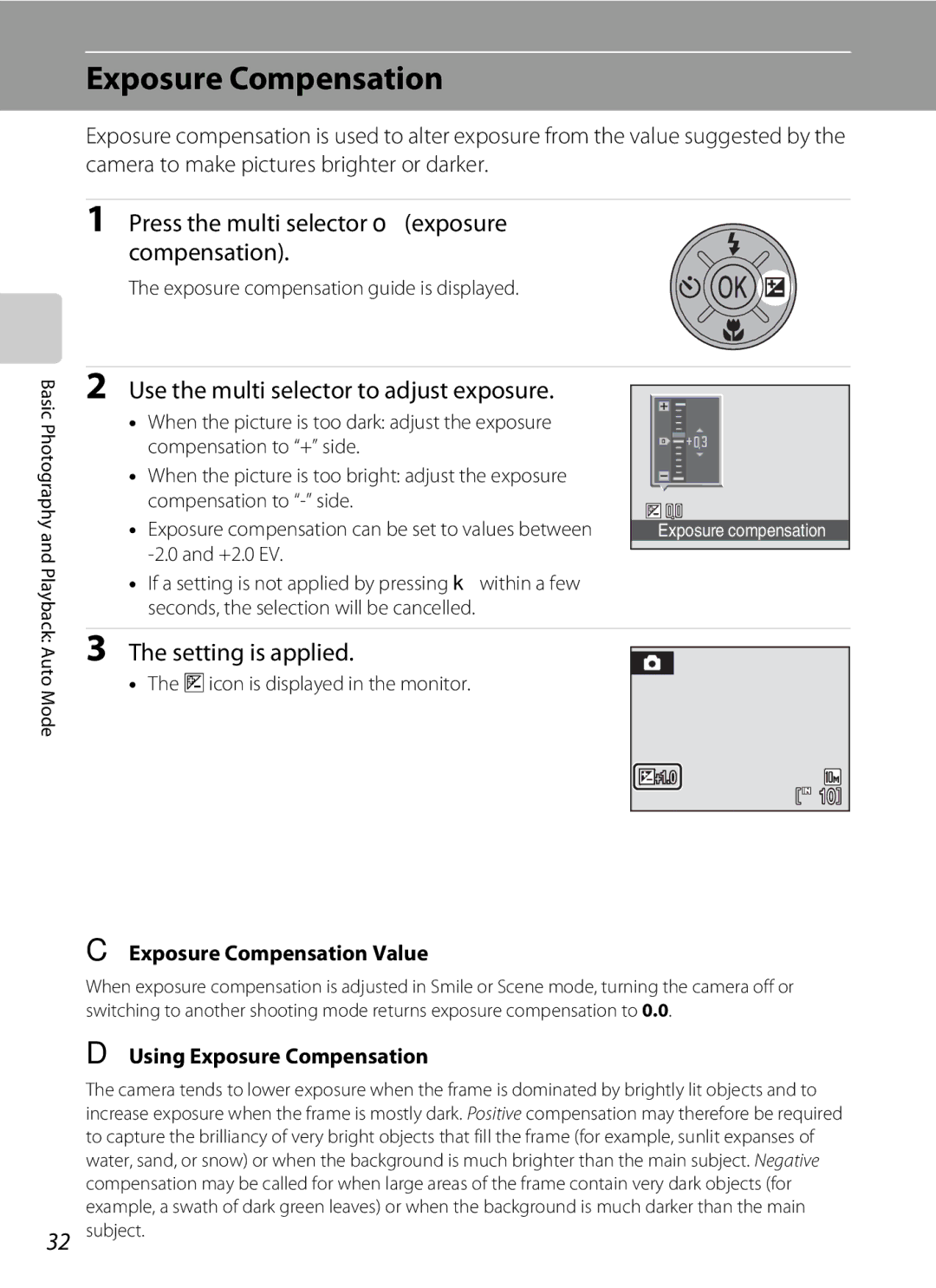 Nikon COOLPIXS550CB user manual Exposure Compensation, Press the multi selector oexposure Compensation, Setting is applied 