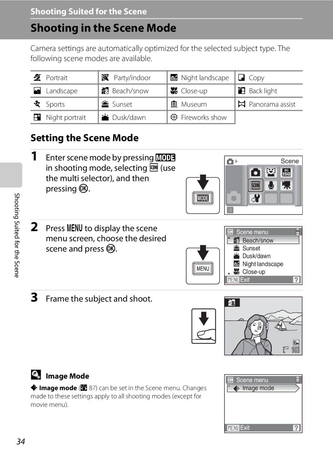 Nikon COOLPIXS550GB, COOLPIXS550P Shooting in the Scene Mode, Setting the Scene Mode, Enter scene mode by pressing e 