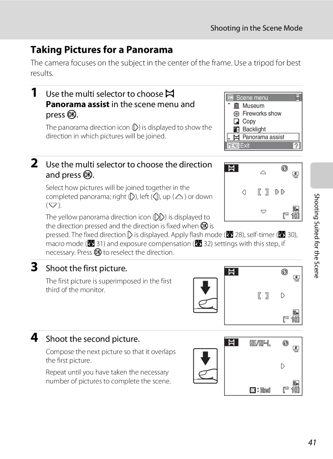 Nikon COOLPIXS550CB, COOLPIXS550P Taking Pictures for a Panorama, Use the multi selector to choose the direction Press k 