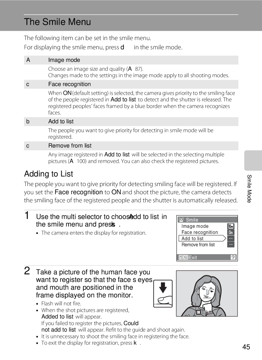 Nikon COOLPIXS550P, COOLPIXS550GB, COOLPIXS550CB user manual Smile Menu, Adding to List, Take a picture of the human face you 