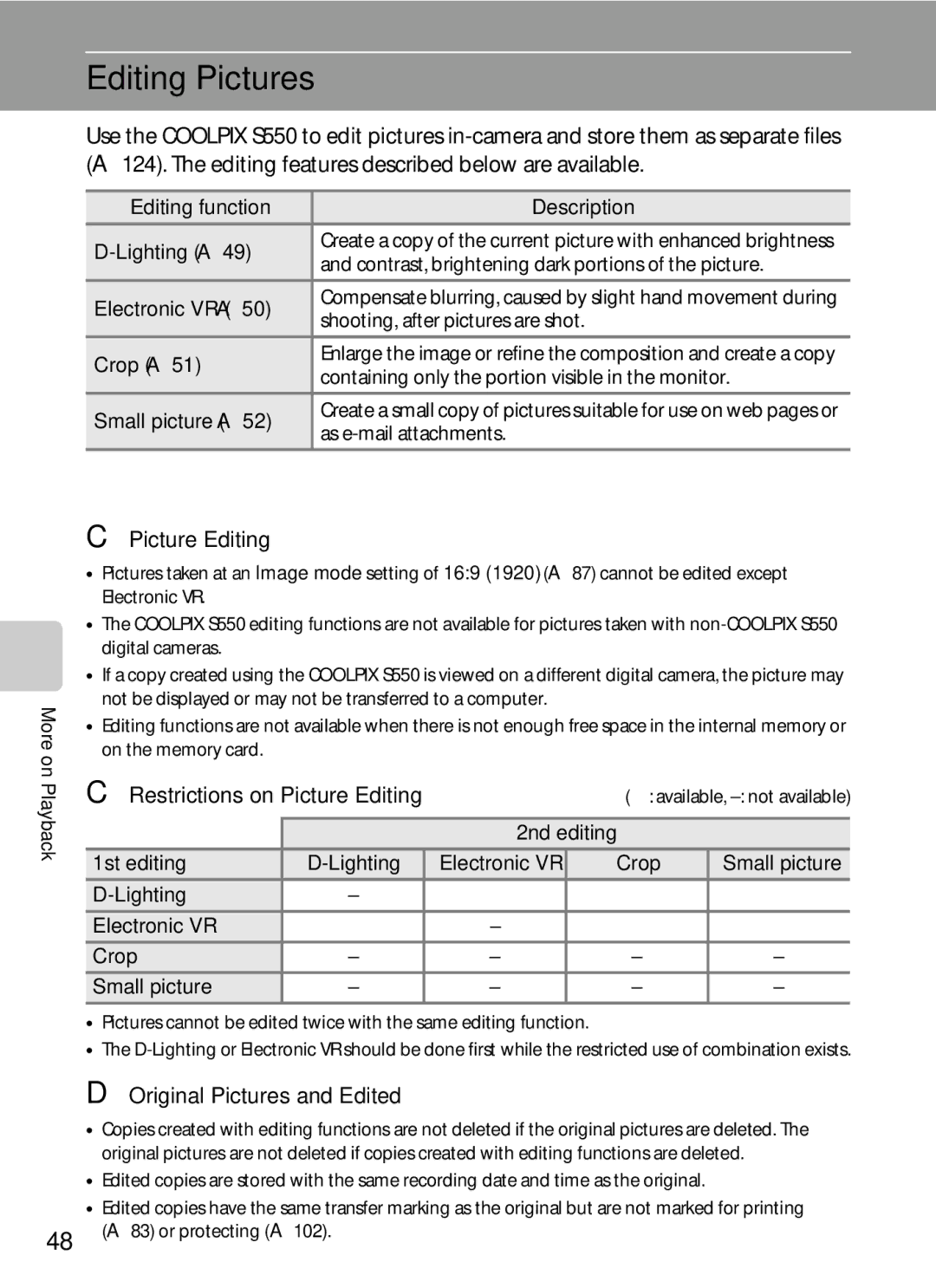 Nikon COOLPIXS550P, COOLPIXS550GB Editing Pictures, Original Pictures and Edited, Restrictions on Picture Editing 