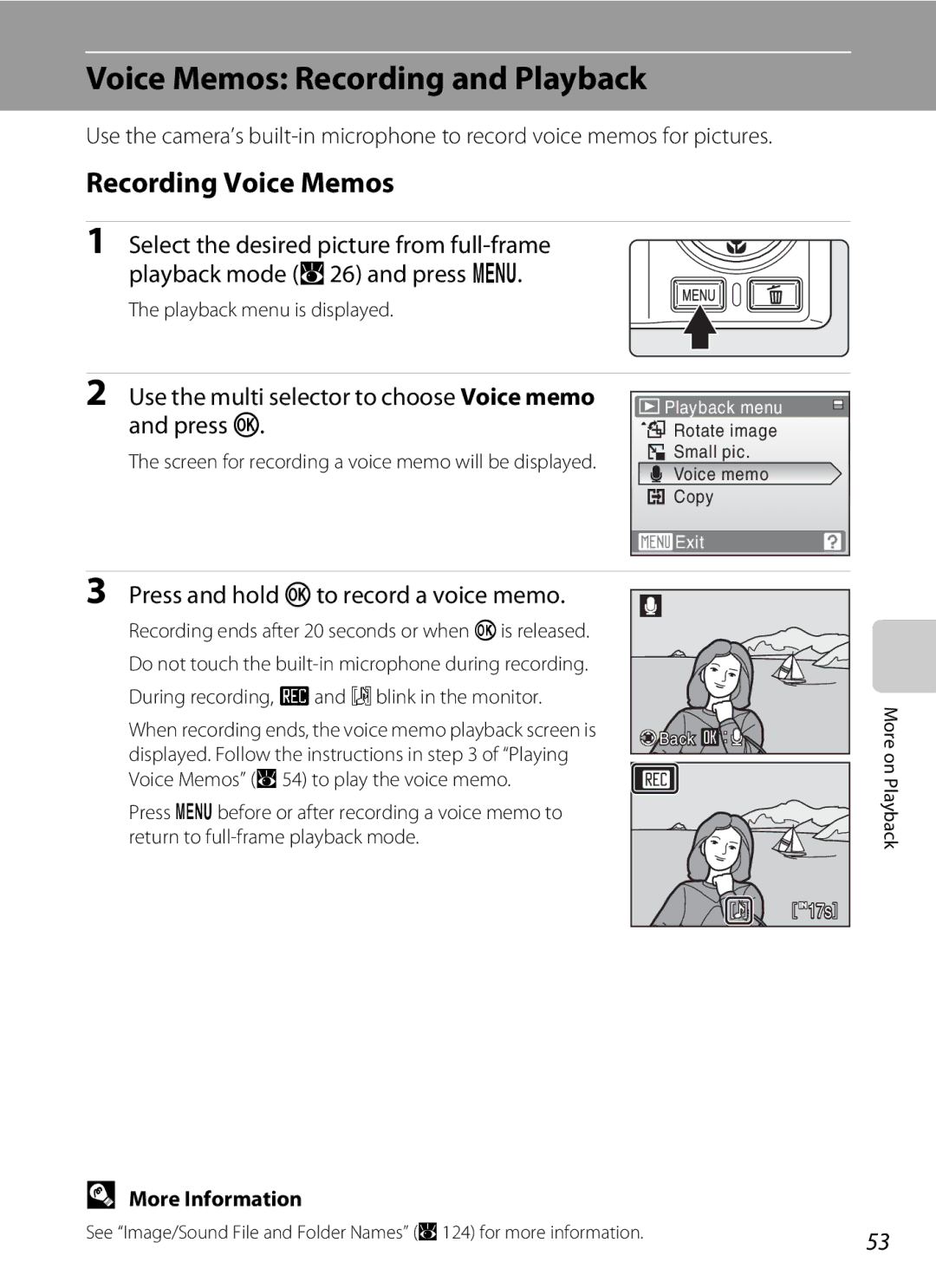 Nikon COOLPIXS550CB Voice Memos Recording and Playback, Recording Voice Memos, Press and hold kto record a voice memo 