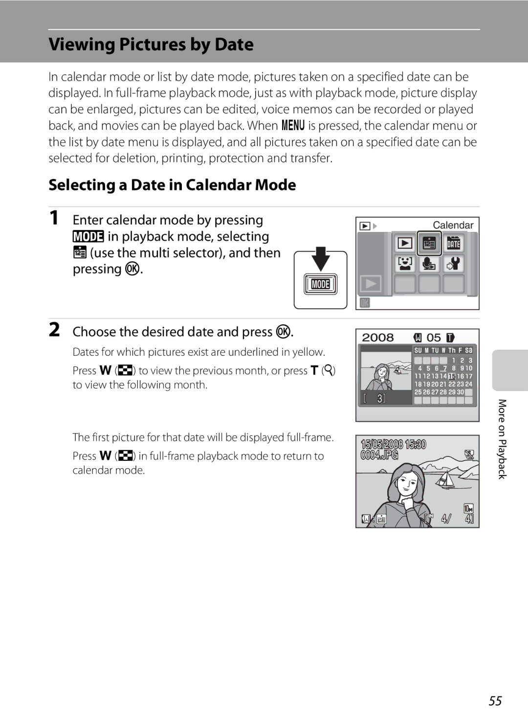 Nikon COOLPIXS550GB Viewing Pictures by Date, Selecting a Date in Calendar Mode, Choose the desired date and press k 