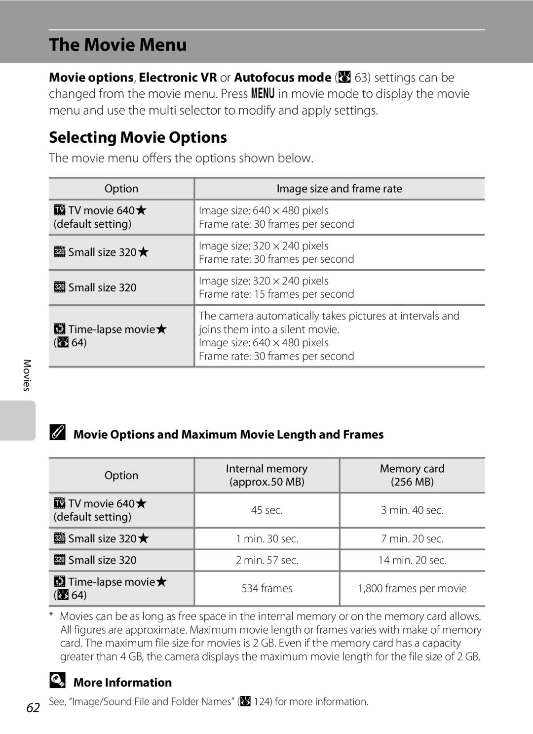 Nikon COOLPIXS550CB, COOLPIXS550P user manual Movie Menu, Selecting Movie Options, Movie menu offers the options shown below 