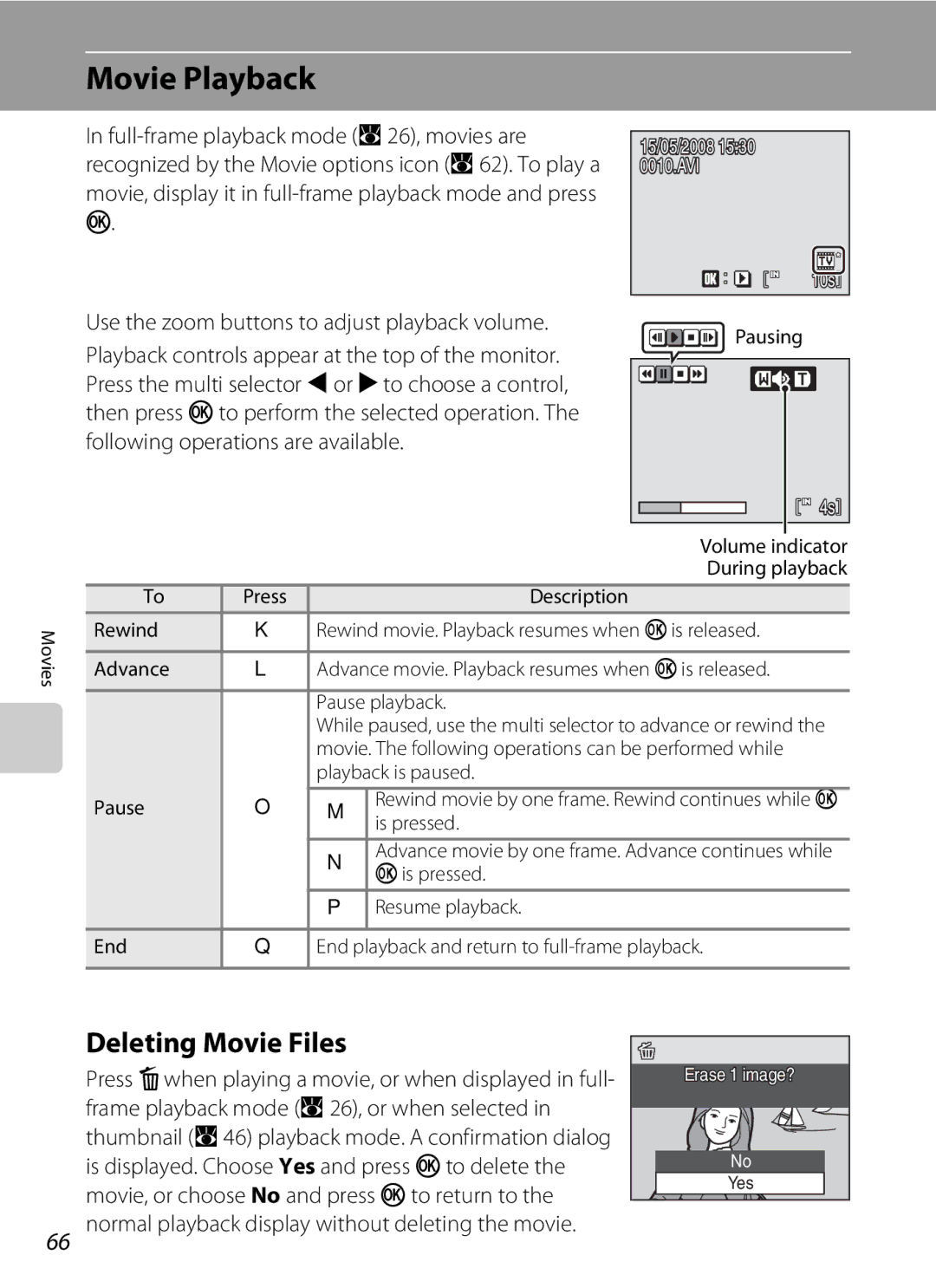 Nikon COOLPIXS550P, COOLPIXS550GB Movie Playback, Deleting Movie Files, Use the zoom buttons to adjust playback volume 